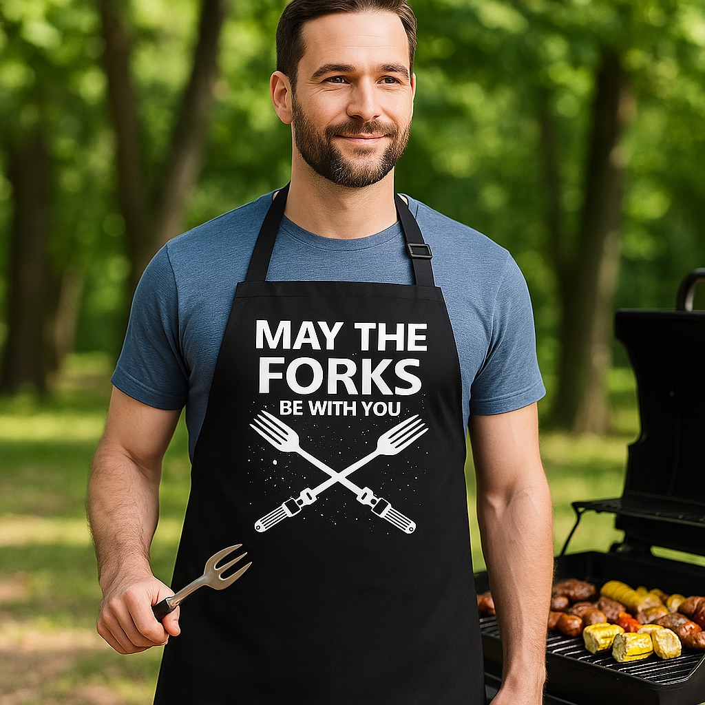 a dad wearing the cool star wars geeky apron