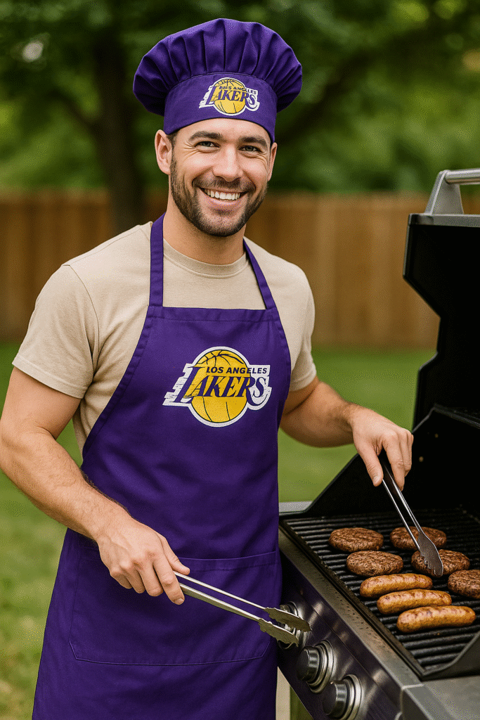 a man wearing a lakers apron