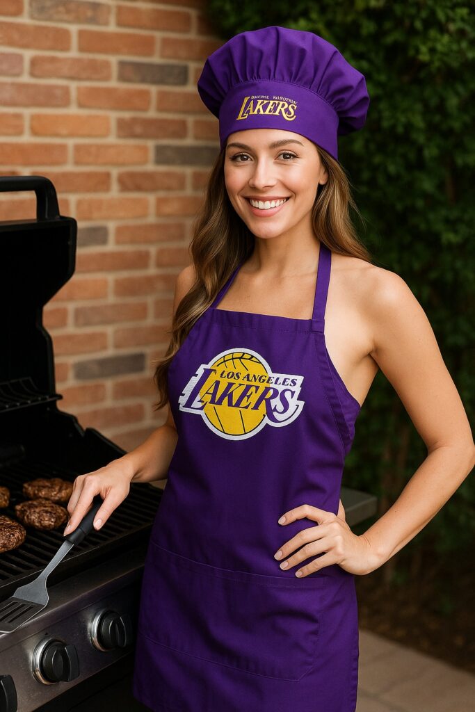 a women wearing a lo angeles lakers apron